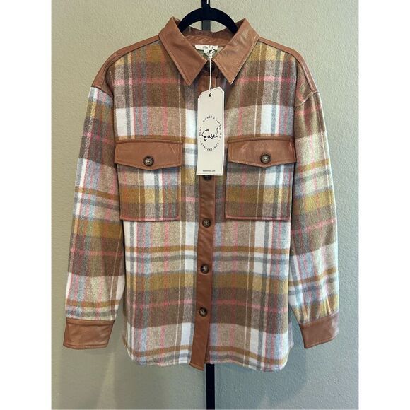 Size S Easel Faux Leather Plaid Button Down Shacket in Khaki - Picture 2 of 6
